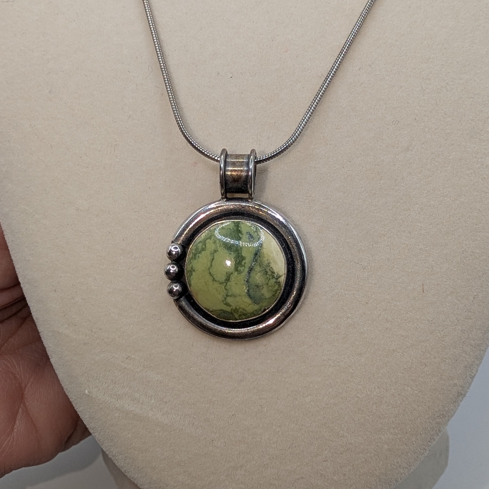Silver Necklace with Natural Green Stone (Jasper? Gaspeite?) Pendant